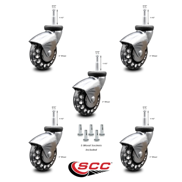 Service Caster 3 Inch Bright Chrome Hooded Polyurethane 5/16 Inch Grip Neck Stem Casters, 5PK SCC-GN03S310-PPUBD-BC-5 - main